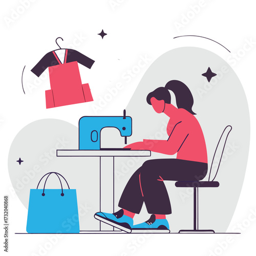 Woman sewing clothes with a sewing machine vector illustration for fashion design garment industry and creative hobby projects