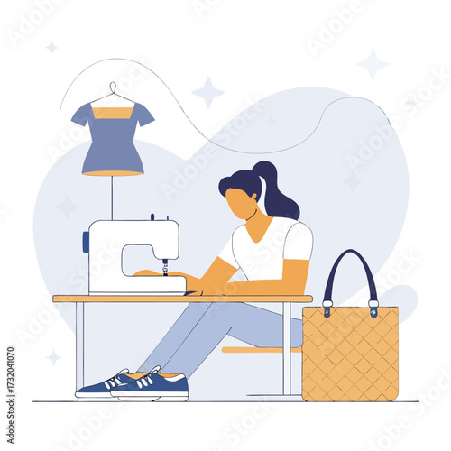 Woman sewing at a sewing machine creating fashion design vector illustration for creative hobby and small business concepts