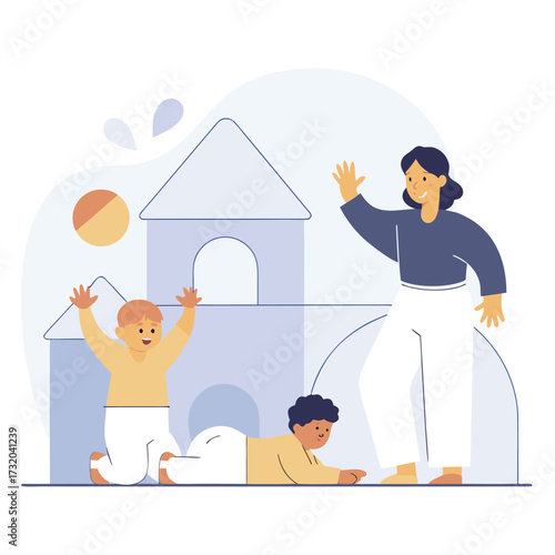 Happy family playing in the backyard mother and children enjoying outdoor activities vector illustration in flat design style