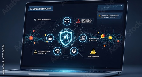 AI safety dashboard displayed on a laptop screen showing ethical principles and warnings