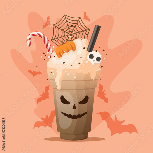coffe, halloween, cup coffe, cappuccino, latte, pumpkin, coffee foam, drink
