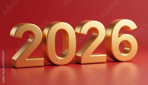 Gold-colored digits spelling out the year 2026 stand prominently against a rich, red background, creating a vibrant and sophisticated composition, suitable for celebratory or commemorative themes,...