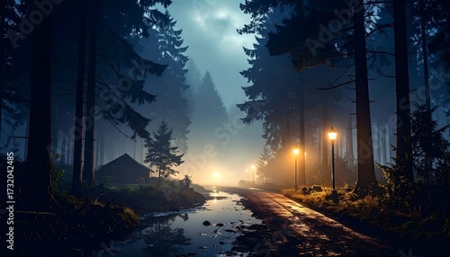 Fototapeta Naklejka Na Ścianę i Meble -  A misty forest road at night, with atmospheric fog, trees, street lights, and a small structure in the distance
