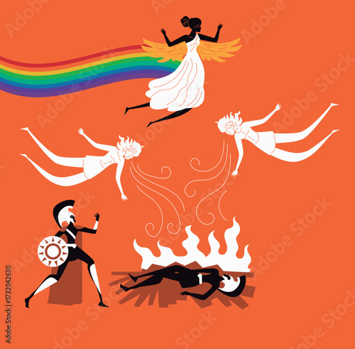 goddess iris creating rainbow with wind gods at patroclus funeral pyre with achilles