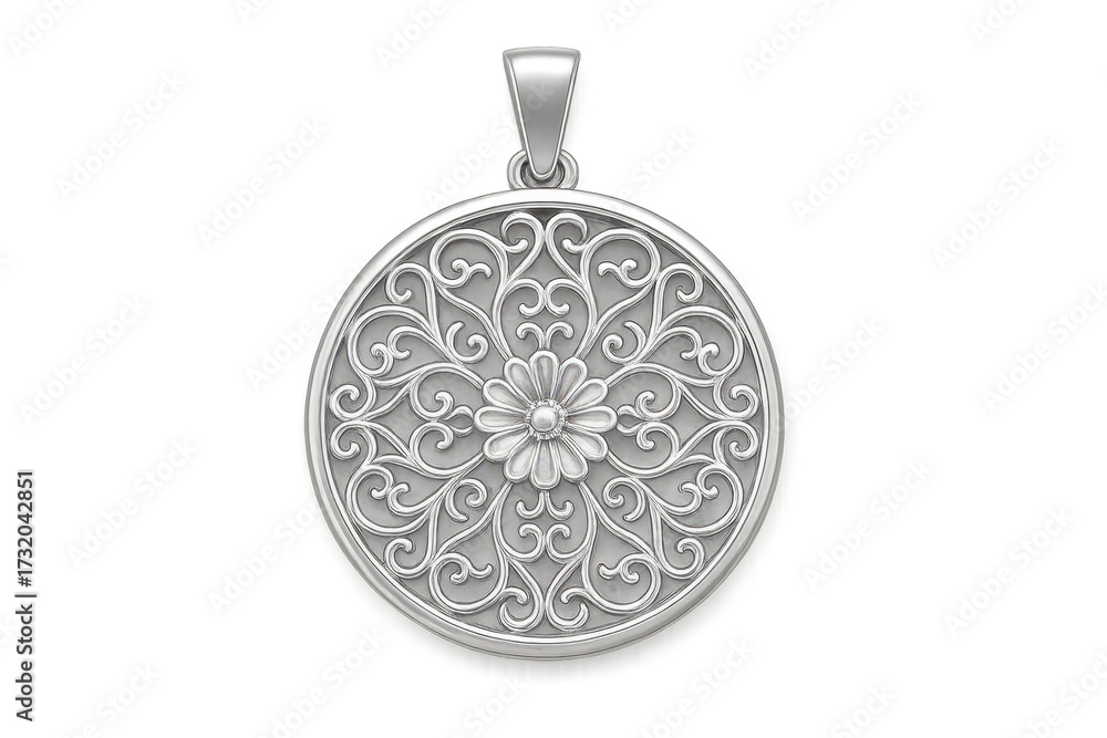 Fototapeta premium Ornate silver filigree pendant with flower isolated on transparent background