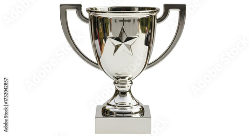 Isolated shiny silver winner cup with handles, trophy for competitions and awards, champion concept