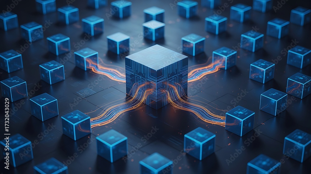 Obraz premium Interconnected digital cubes with glowing energy streams