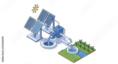 Solar Powered Irrigation System for Sustainable Agriculture isometric view