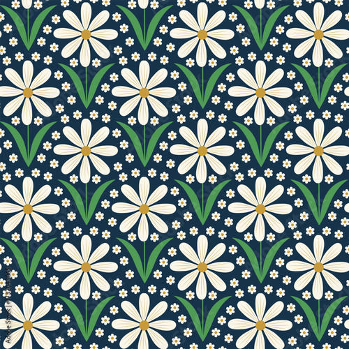 Mid mod Retro daisies flowers in white seamless pattern on dark navy blue. For fabric, wallpaper, home décor and stationary
