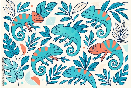 Colorful chameleons with blue and orange patterns camouflaged among tropical leaves on a light abstract background in playful cartoon style. Ai generative