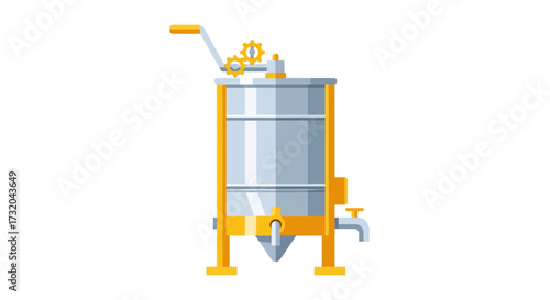 A silver industrial mixing tank with orange accents illustrated in a vector style