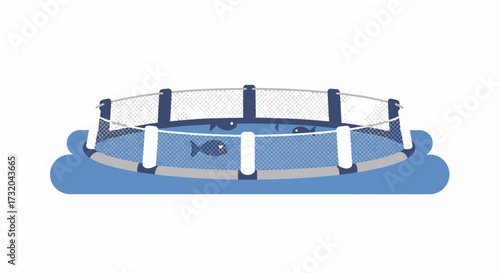Abstract Illustration of a Fish Farm Enclosure with Aquatic Life