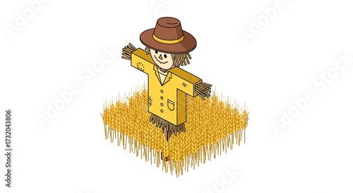 Cartoon illustration of a scarecrow standing in a wheat field isometric
