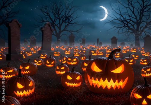 Carved Halloween pumpkins glowing in a spooky midnight graveyard. 
