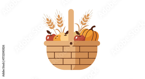 Charming harvest basket filled with autumn crops, apples, pumpkin and wheat