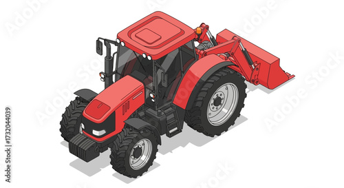 Detailed Isometric Illustration of Red Tractor with Front Loader Isolated