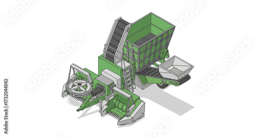 Detailed isometric illustration of a modern harvesting machine system