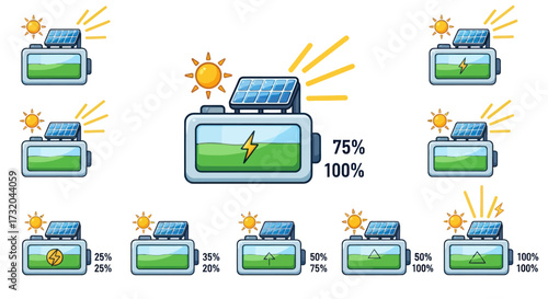 Solar-Powered Battery Charging Indicators with Sun and Energy Rays.