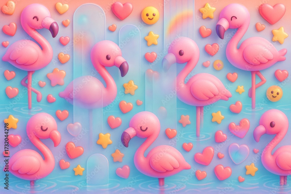 Naklejka premium Cute pink flamingos with hearts, stars, and smiley emojis in a dreamy pastel water scene with soft lighting and colorful background. Ai generative