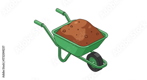 Green wheelbarrow filled with soil ready for gardening work outdoors