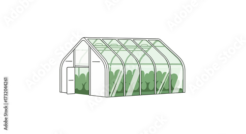 Greenhouse filled with thriving green plants, garden cultivation scene