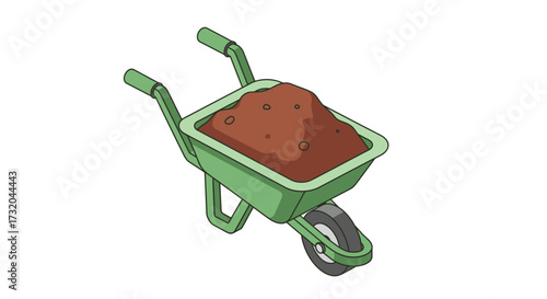 Illustration of a Green Wheelbarrow Filled with Soil on White Background