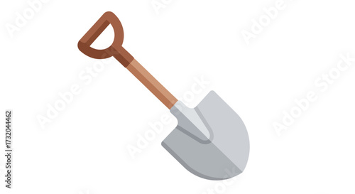 Illustration of a metal shovel with a wooden handle on white background