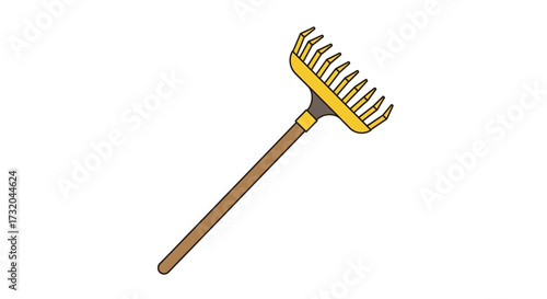 Illustration of a yellow and brown garden rake on a white background