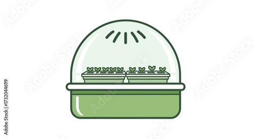 Illustration of seedlings growing in a miniature greenhouse environment