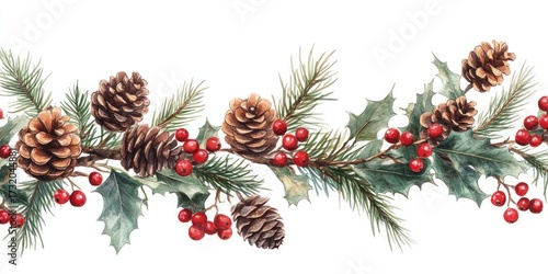 Watercolor illustration of a festive holiday border with pinecones, red berries, and evergreen foliage