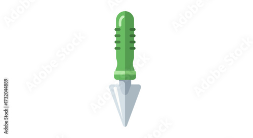 Isolated hand garden trowel with green handle against a white backdrop