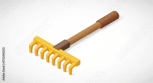 Isometric garden rake illustration on a clean white background studio