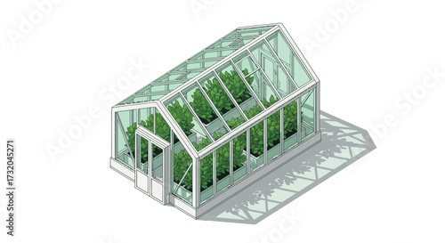 Isometric greenhouse illustration with plants inside against a white background