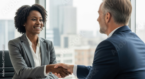 Wallpaper Mural Confident black businesswoman shaking hands with a client in a modern office. A successful meeting symbolizing diversity, partnership, and professional agreement. Torontodigital.ca