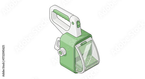 Isometric illustration of a rotary grater with fresh herbs inside container