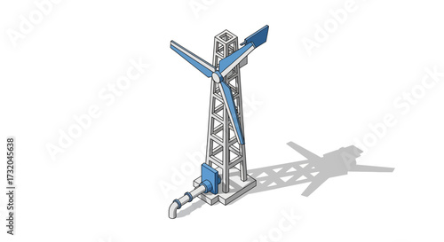 Isometric Illustration of a Wind Turbine with Pipeline on White Background