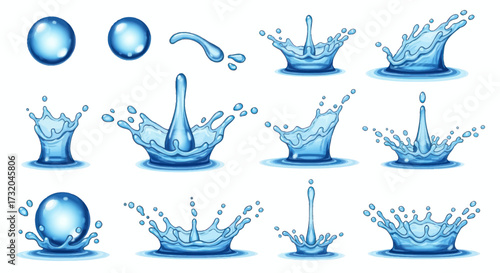 Water Splash Collection: Realistic Liquid Droplets and Crown-Shaped Bursts.