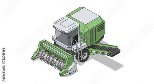 Isometric rendition of a combine harvester for agricultural operations