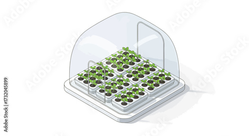 Isometric seedling trays inside propagation dome for controlled environment