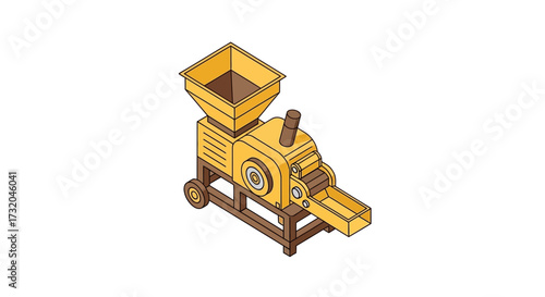 Isometric view of crushing machine, illustrating industrial processing