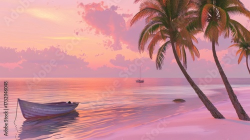 Serene Tropical Beach Scene with Palm Trees and Sunset Sky