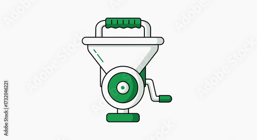 Minimalist vector illustration of manual seed spreader with green accents