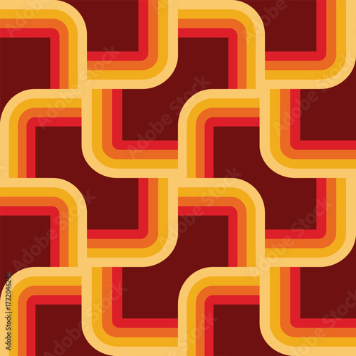 Retro 70s  geometric striped lines in orange, red, mustard yellow, tangerine, and cream on dark red burgundy background seamless pattern. For retro posters, backgrounds, wallpaper and home décor
