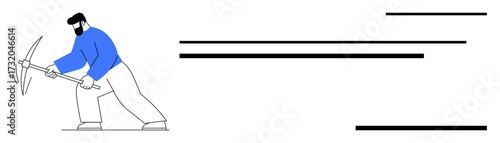 Man wielding a pickaxe in a striking motion symbolizing determination and growth. Ideal for teamwork, effort, sustainability, progress, growth, labor, resilience. Perfect simple flat metaphor