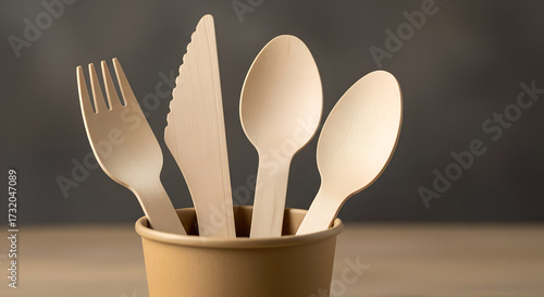 Eco friendly wooden cutlery set in a paper cup on a wooden surface