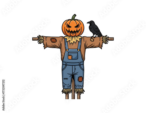 A spooky Halloween scarecrow with a jack-o-lantern head and a black crow, detailed vector illustration design element isolated on a white background