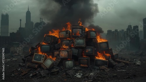 Catching fire, stack of CRT TVs amid scrapyard lot debris, spreading flames and rising black smoke