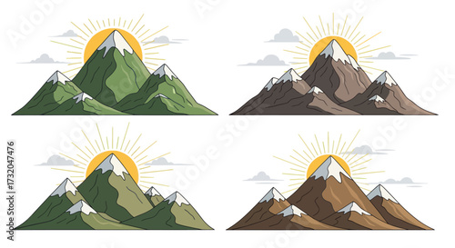 Four stylized mountain ranges with sun and clouds.