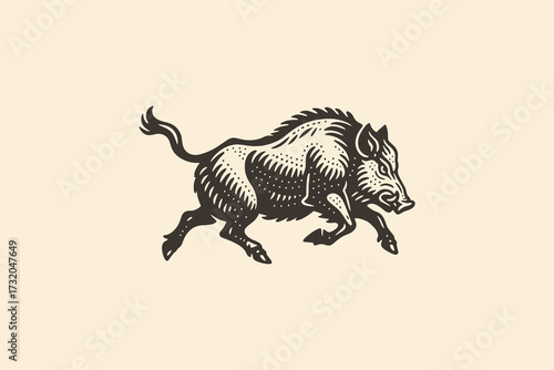Wild boar running vintage engraving style vector illustration