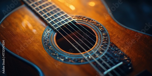 An acoustic guitar body, close-up shot showcasing wood grain, strings, sound hole detail